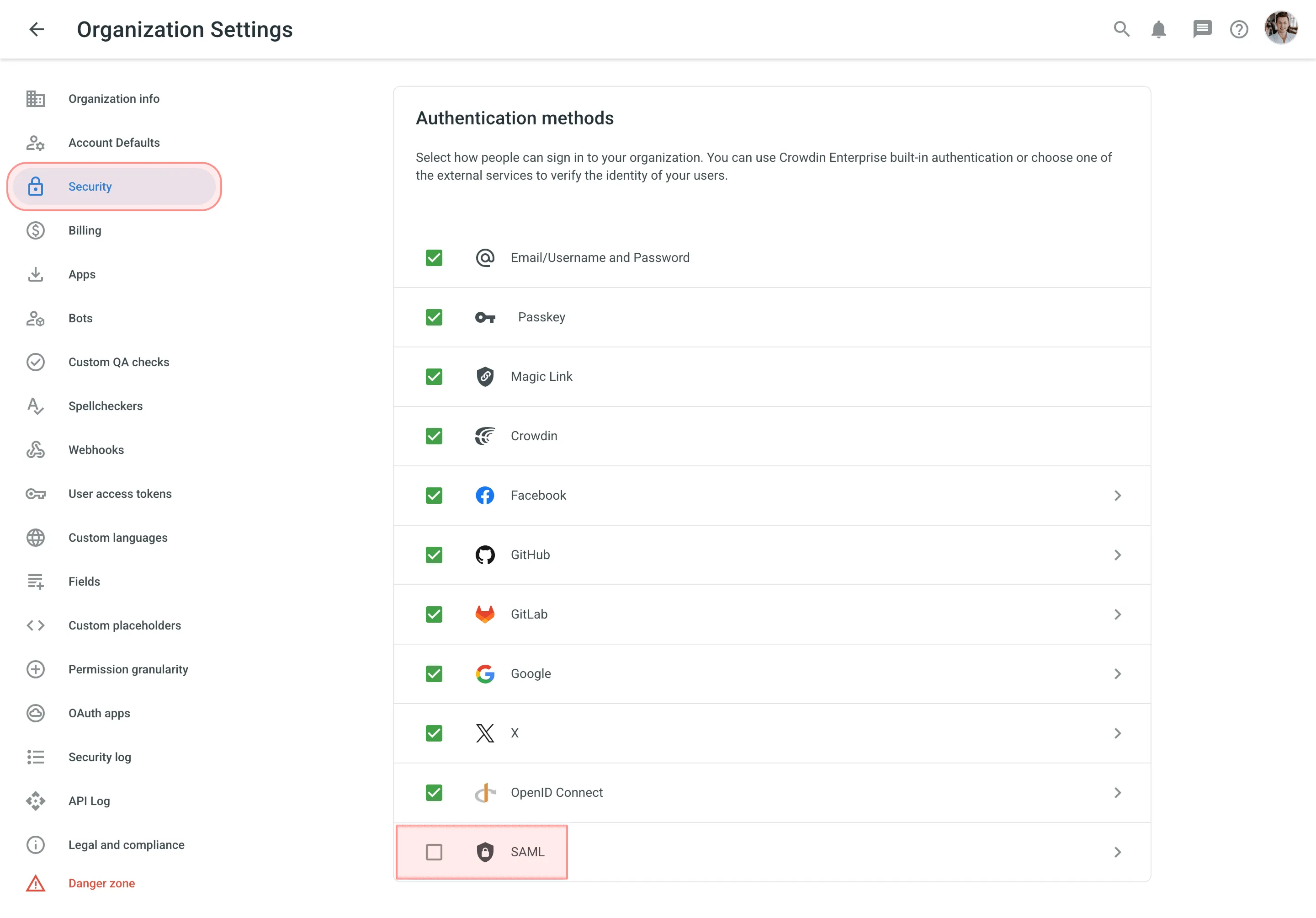 SAML in Organization Settings Security section